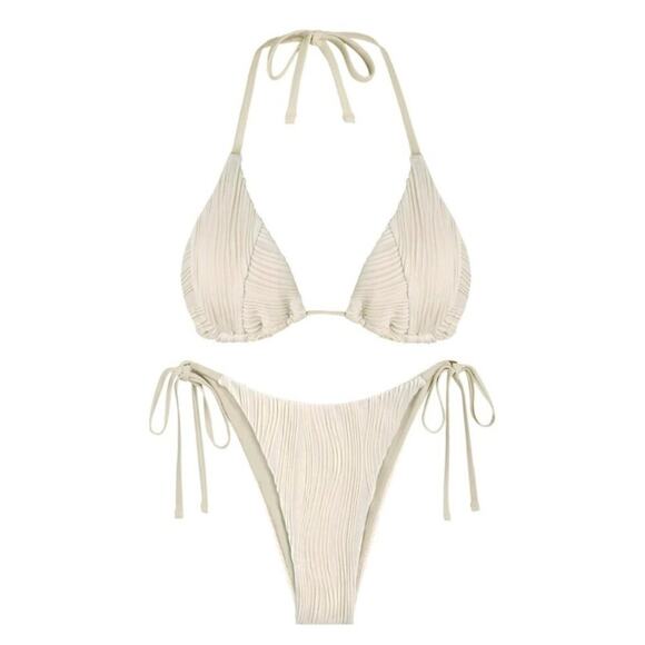 Zaful Women’s Bikini L Beige Halter Ribbed Tie Side Strappy Thong Swim Set - Picture 2 of 7